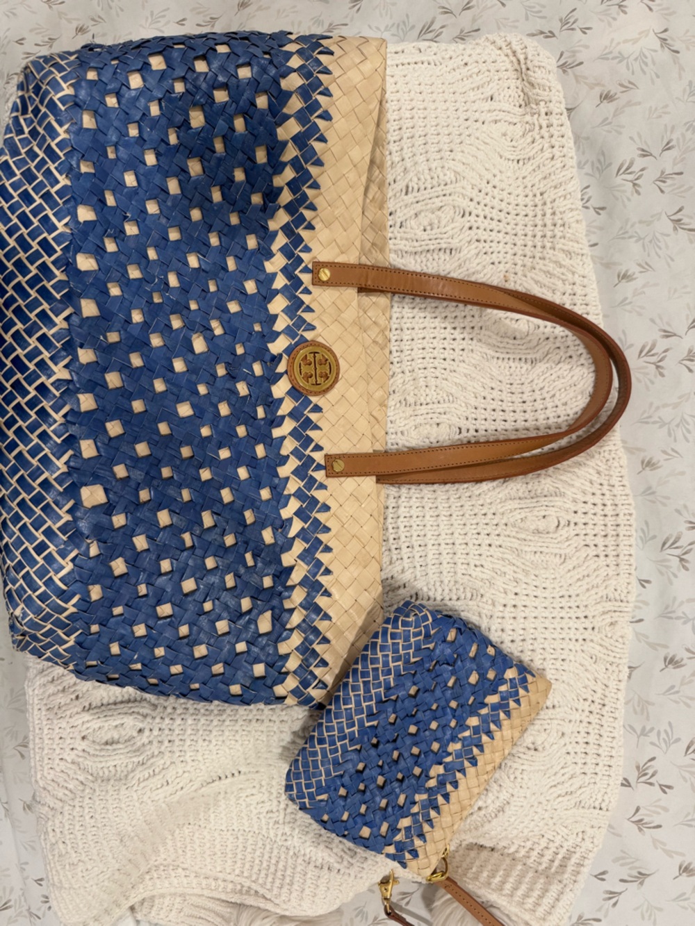 Tory Burch Woven Blue and Natural Tote Bag with Matching Pouch